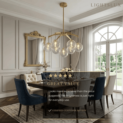 Excelis Royal Globe Chandelier – Solid Brass Brushed Gold Dimmable for Dining Room