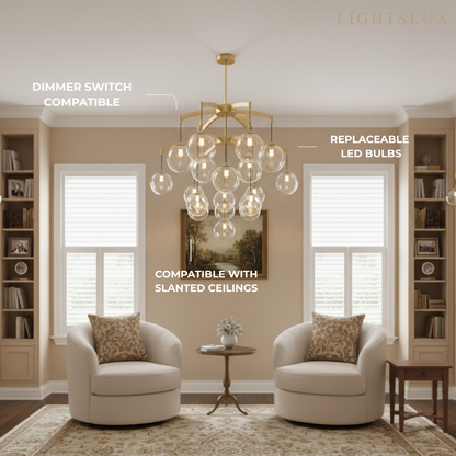 Royal Globe Chandelier – Solid Brass Brushed Gold Dimmable for Living Room