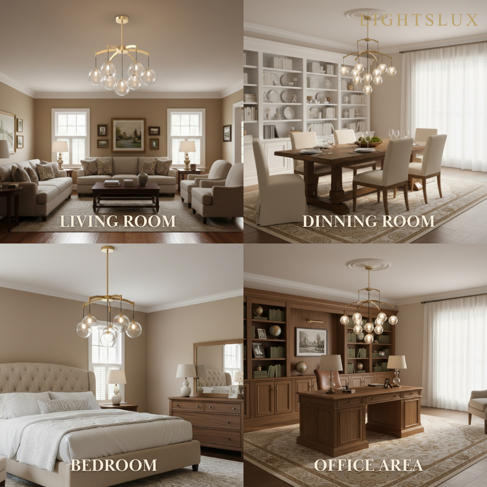 Royal Globe Chandelier – Solid Brass Brushed Gold Dimmable for Living Room