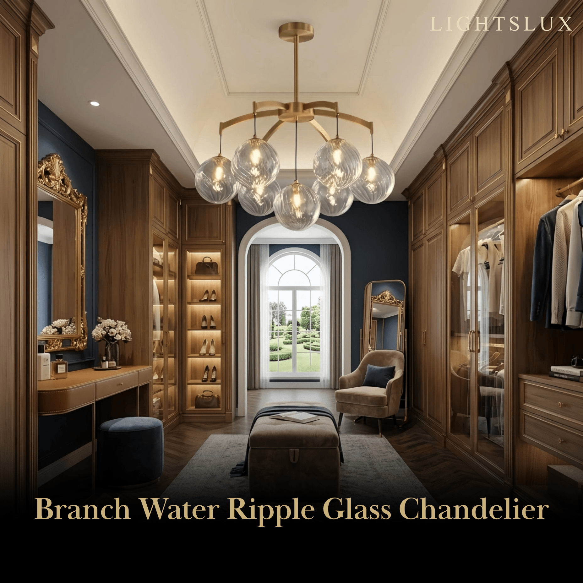 Excelis Royal Globe Chandelier – Solid Brass Brushed Gold Dimmable for Dressing Room