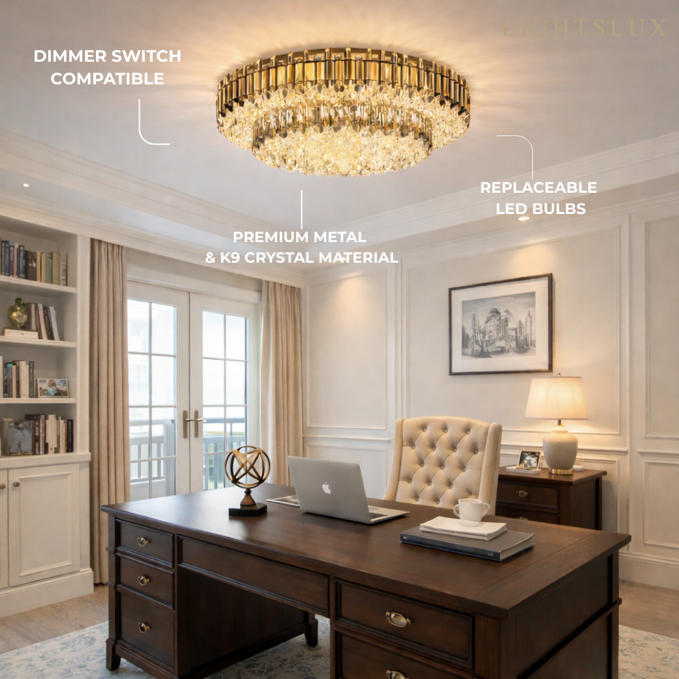 Luxury Crystal Flush Mount Chandelier – Smoky/Clear Dimmable for Living Room