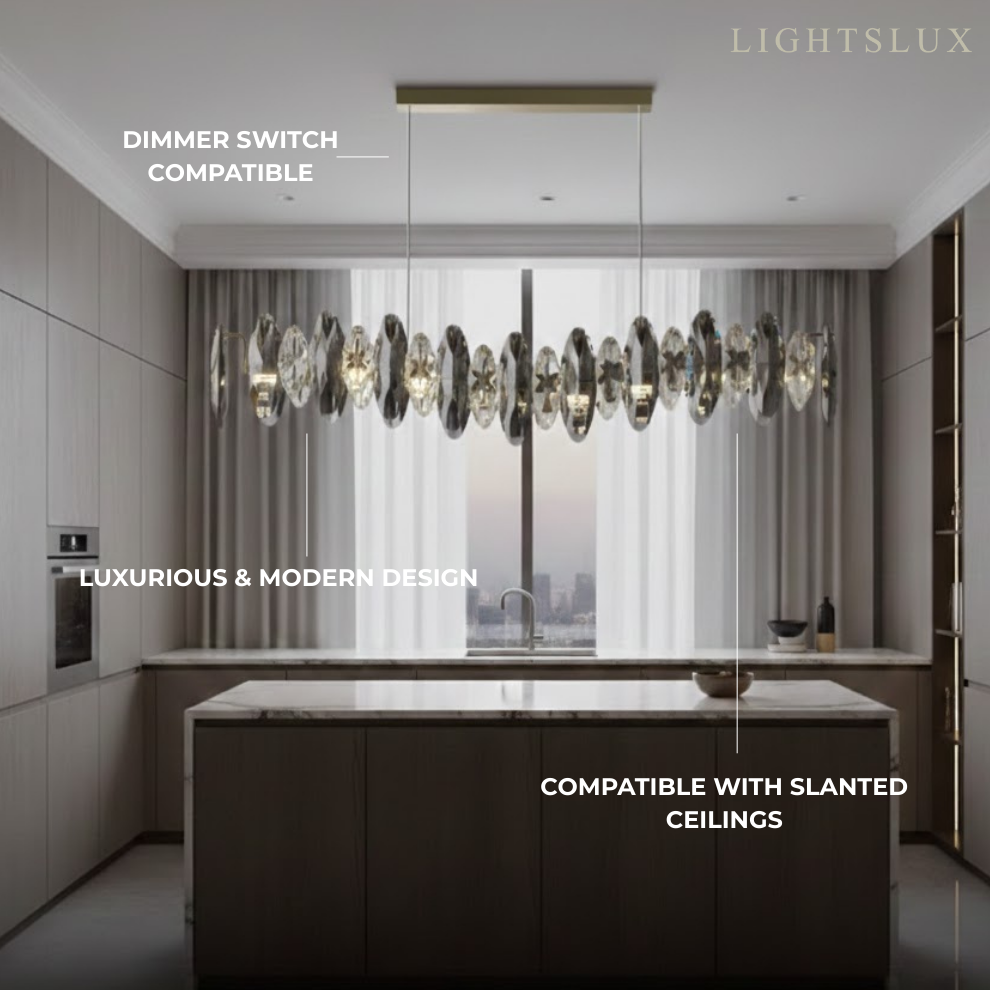 Luxury Crystal Pendant – Gold & Smoky Grey with Clear Crystals for Dining Room