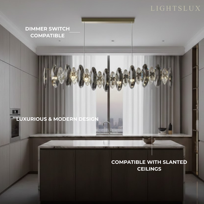 Luxury Crystal Pendant – Gold & Smoky Grey with Clear Crystals for Dining Room