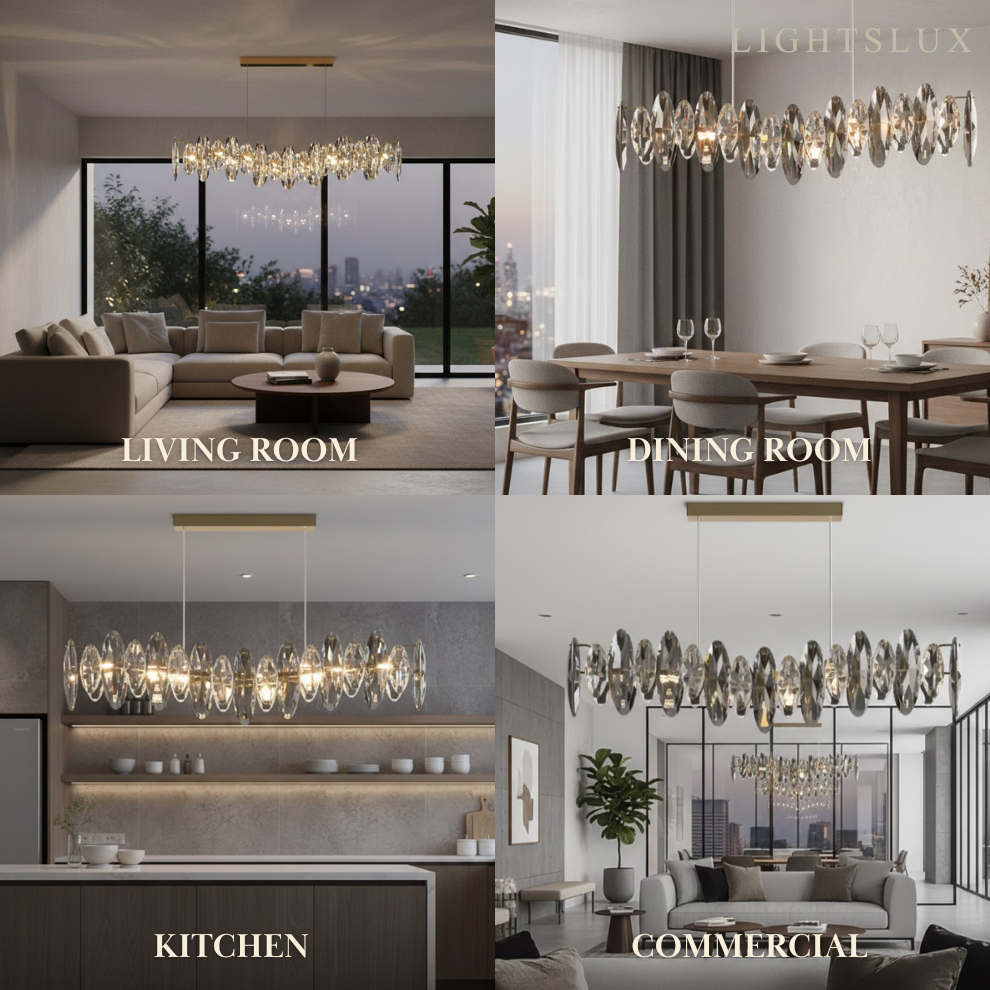 Luxury Crystal Pendant – Gold & Smoky Grey with Clear Crystals for Dining Room
