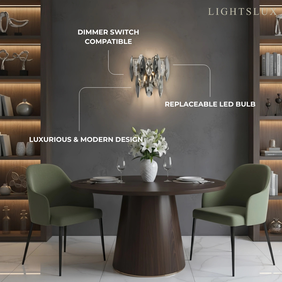 Modern Luxury Crystal Wall Sconce – Smoky Grey & Gold with Clear Crystals for Indoor