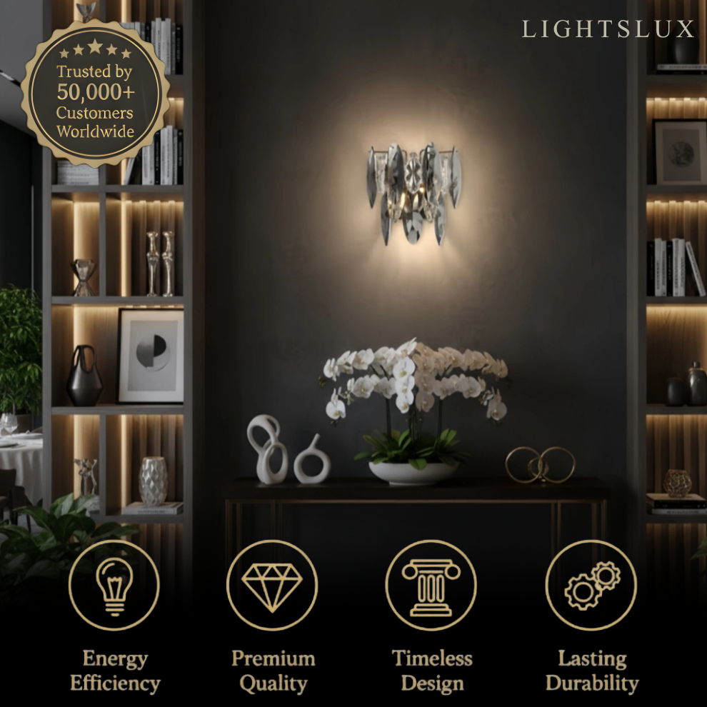 Modern Luxury Crystal Wall Sconce – Smoky Grey & Gold with Clear Crystals for Indoor