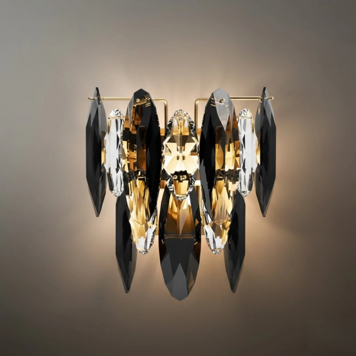 Modern Luxury Crystal Wall Sconce – Smoky Grey & Gold with Clear Crystals for Indoor