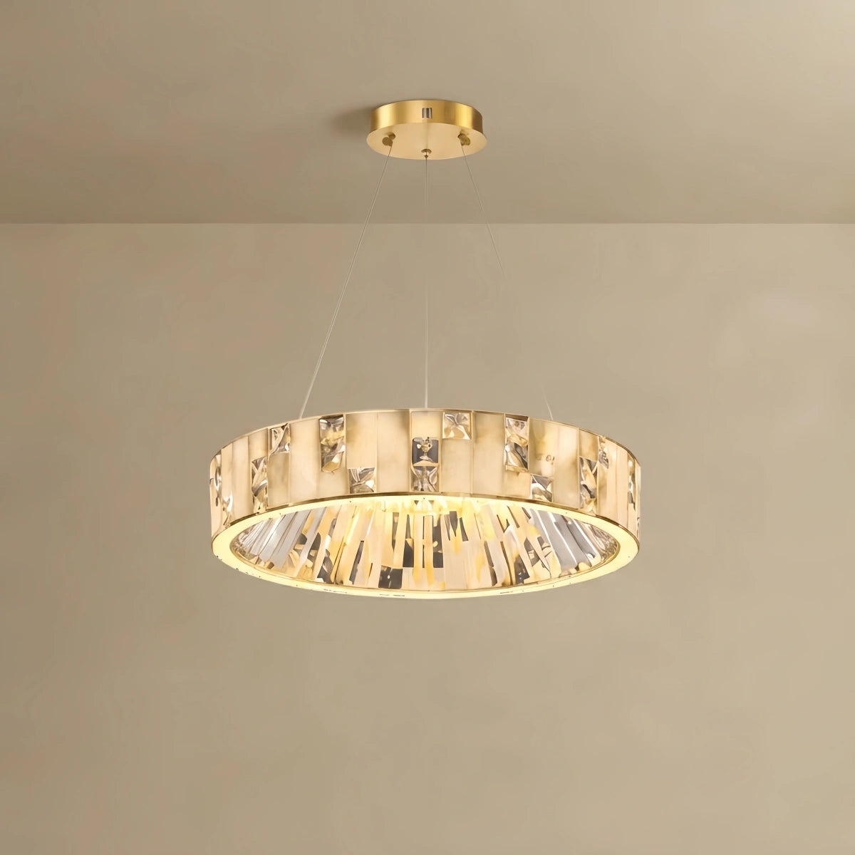 Excelis Modern Layered Alabaster Ring Chandelier – Brushed Gold Stainless Steel Framea