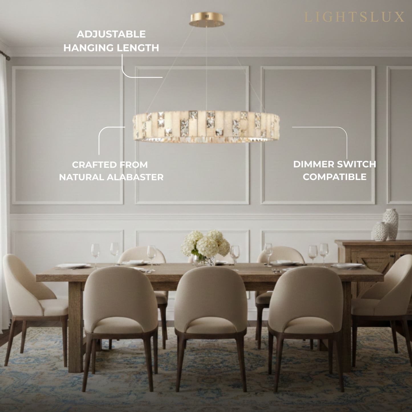 Excelis Modern Layered Alabaster Ring Chandelier – Brushed Gold Stainless Steel Framea