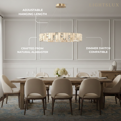 Excelis Modern Layered Alabaster Ring Chandelier – Brushed Gold Stainless Steel Framea