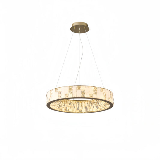Excelis Modern Layered Alabaster Ring Chandelier – Brushed Gold Stainless Steel Framea