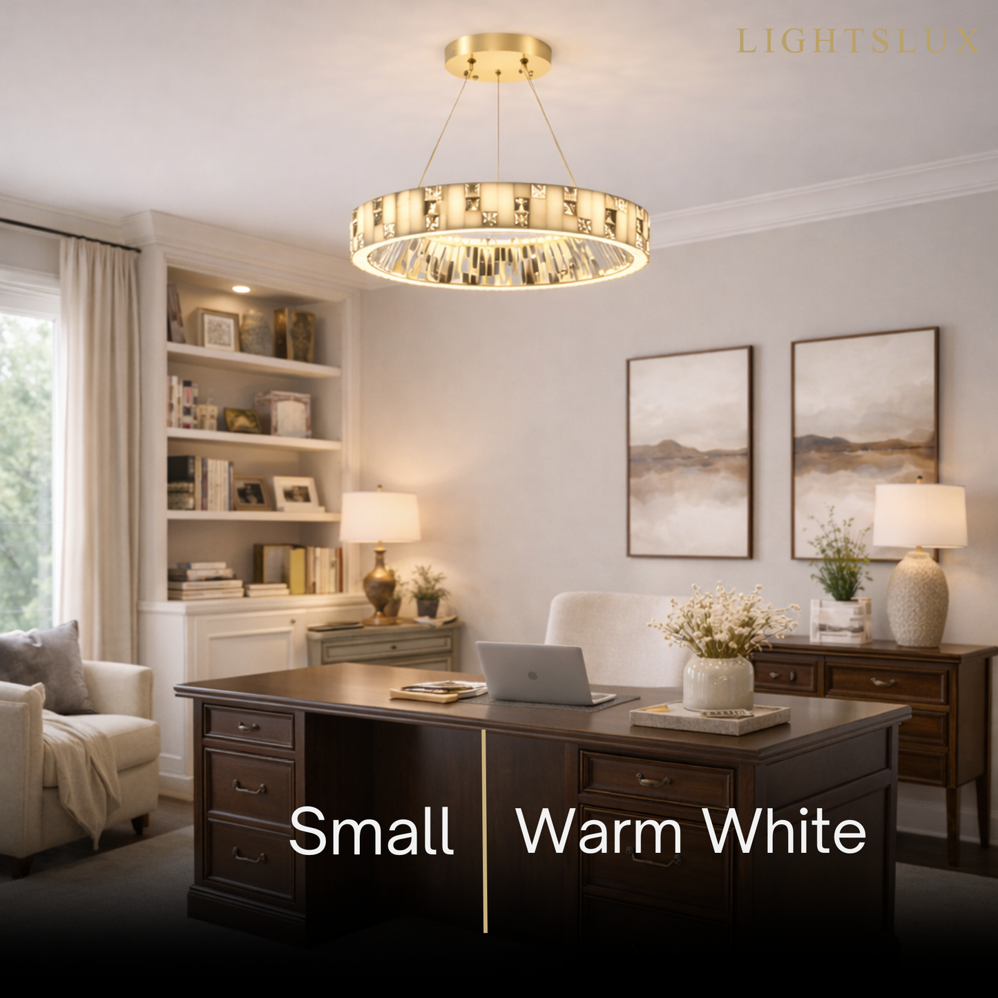 Excelis Modern Layered Alabaster Ring Chandelier – Brushed Gold Stainless Steel Framea