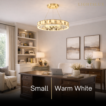 Excelis Modern Layered Alabaster Ring Chandelier – Brushed Gold Stainless Steel Framea