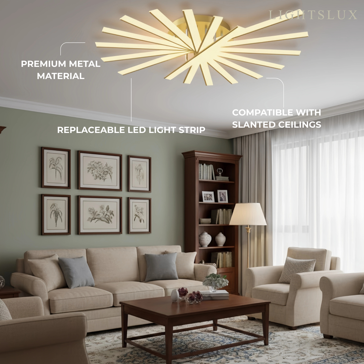 Nebula Modern Geometric Linear Ceiling Light – Black Ash/Metallic Gold for Living Room