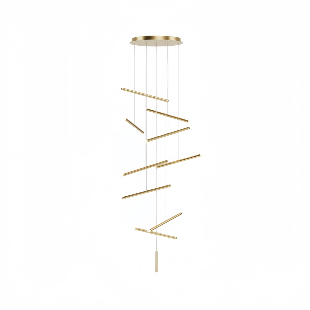 Nebula Luxury Flowing Gold Chandelier – Metallic Acrylic Rods Sculptural Cascade for Staircase