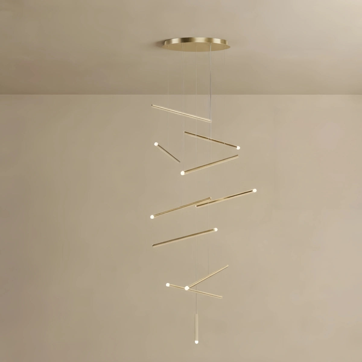 Nebula Luxury Flowing Gold Chandelier – Metallic Acrylic Rods Sculptural Cascade for Staircase