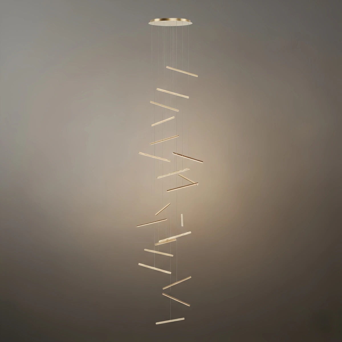 Nebula Luxury Flowing Gold Chandelier – Metallic Acrylic Rods Sculptural Cascade for Staircase