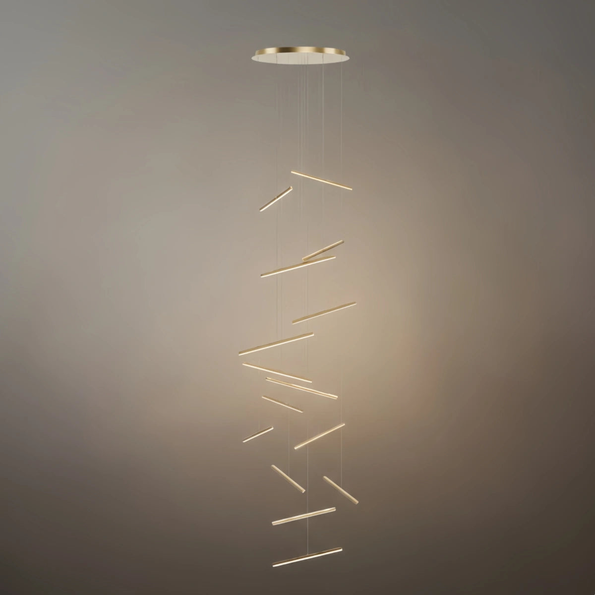 Nebula Luxury Flowing Gold Chandelier – Metallic Acrylic Rods Sculptural Cascade for Staircase