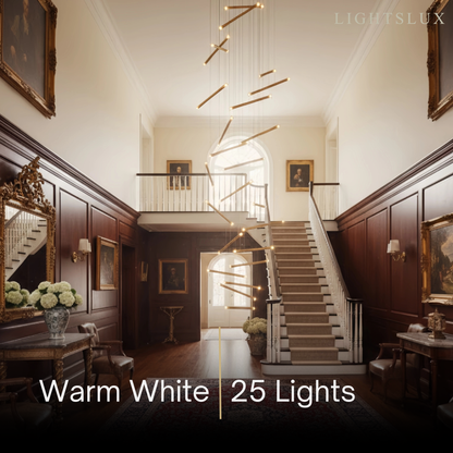 Nebula Luxury Flowing Gold Chandelier – Metallic Acrylic Rods Sculptural Cascade for Staircase