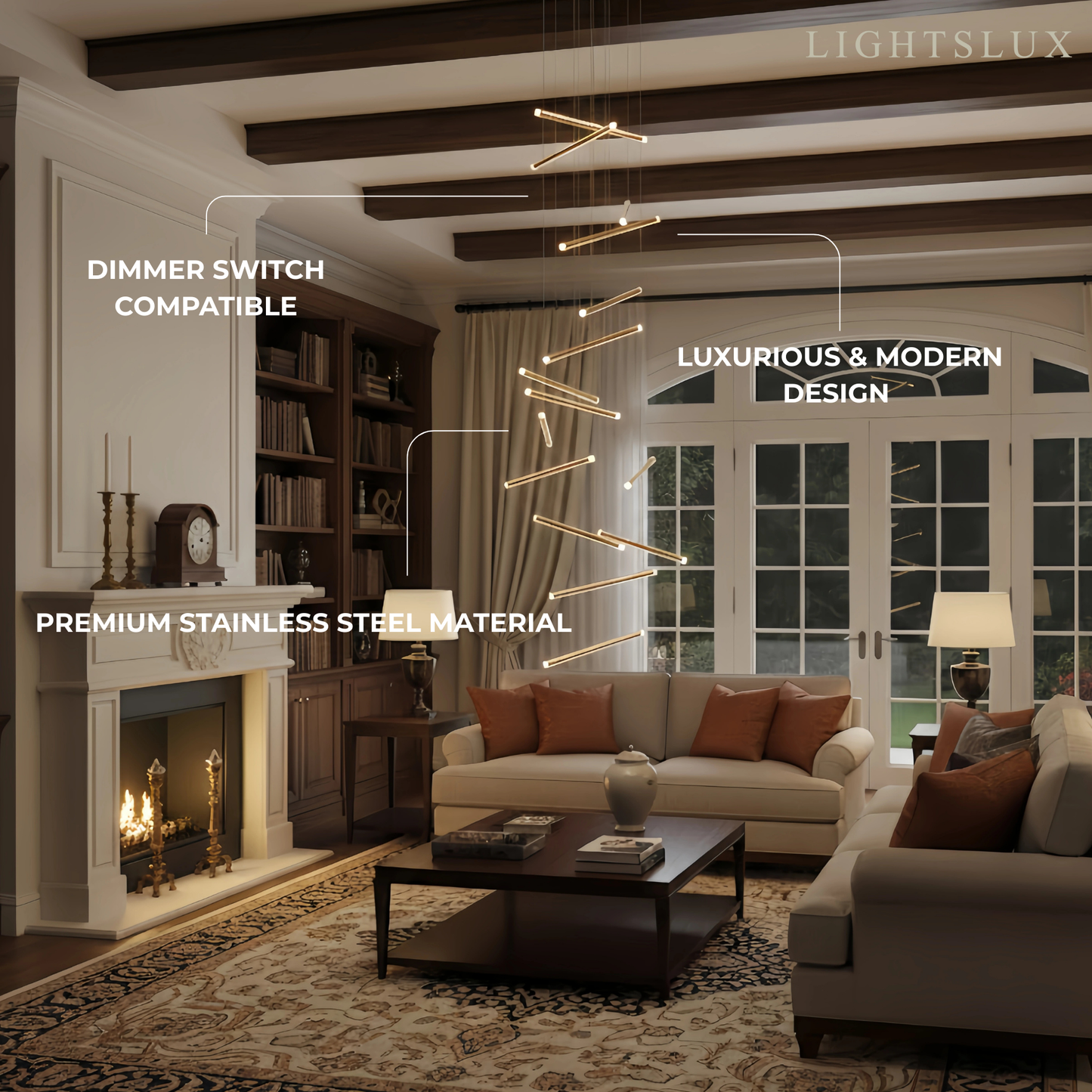 Nebula Luxury Flowing Gold Chandelier – Metallic Acrylic Rods Sculptural Cascade for Staircase