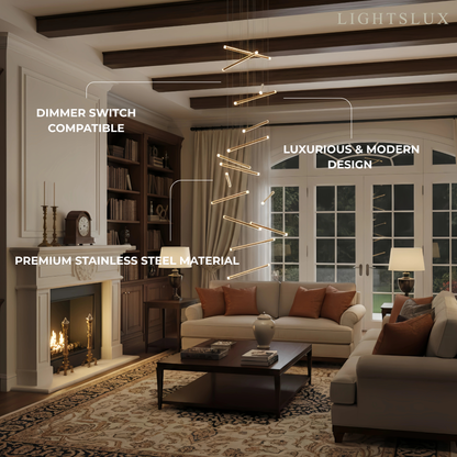 Nebula Luxury Flowing Gold Chandelier – Metallic Acrylic Rods Sculptural Cascade for Staircase