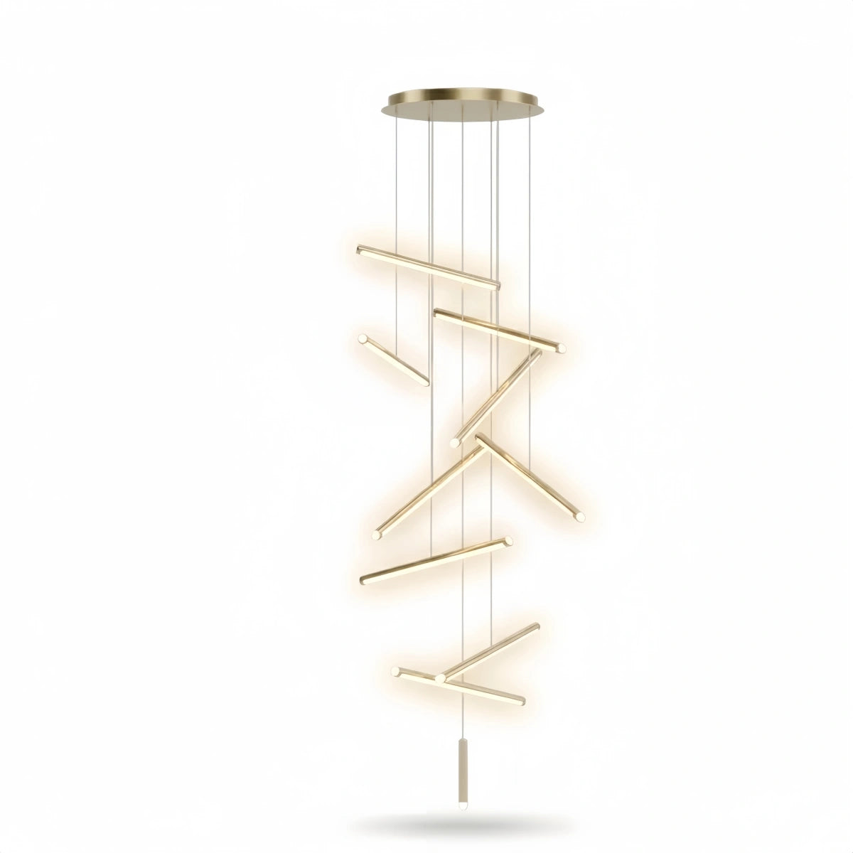 Nebula Luxury Flowing Gold Chandelier – Metallic Acrylic Rods Sculptural Cascade for Staircase