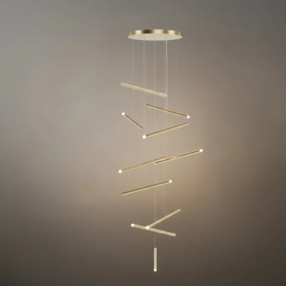Nebula Luxury Flowing Gold Chandelier – Metallic Acrylic Rods Sculptural Cascade for Staircase