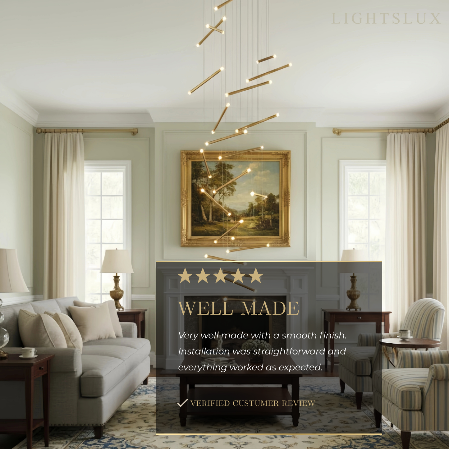 Nebula Luxury Flowing Gold Chandelier – Metallic Acrylic Rods Sculptural Cascade for Staircase