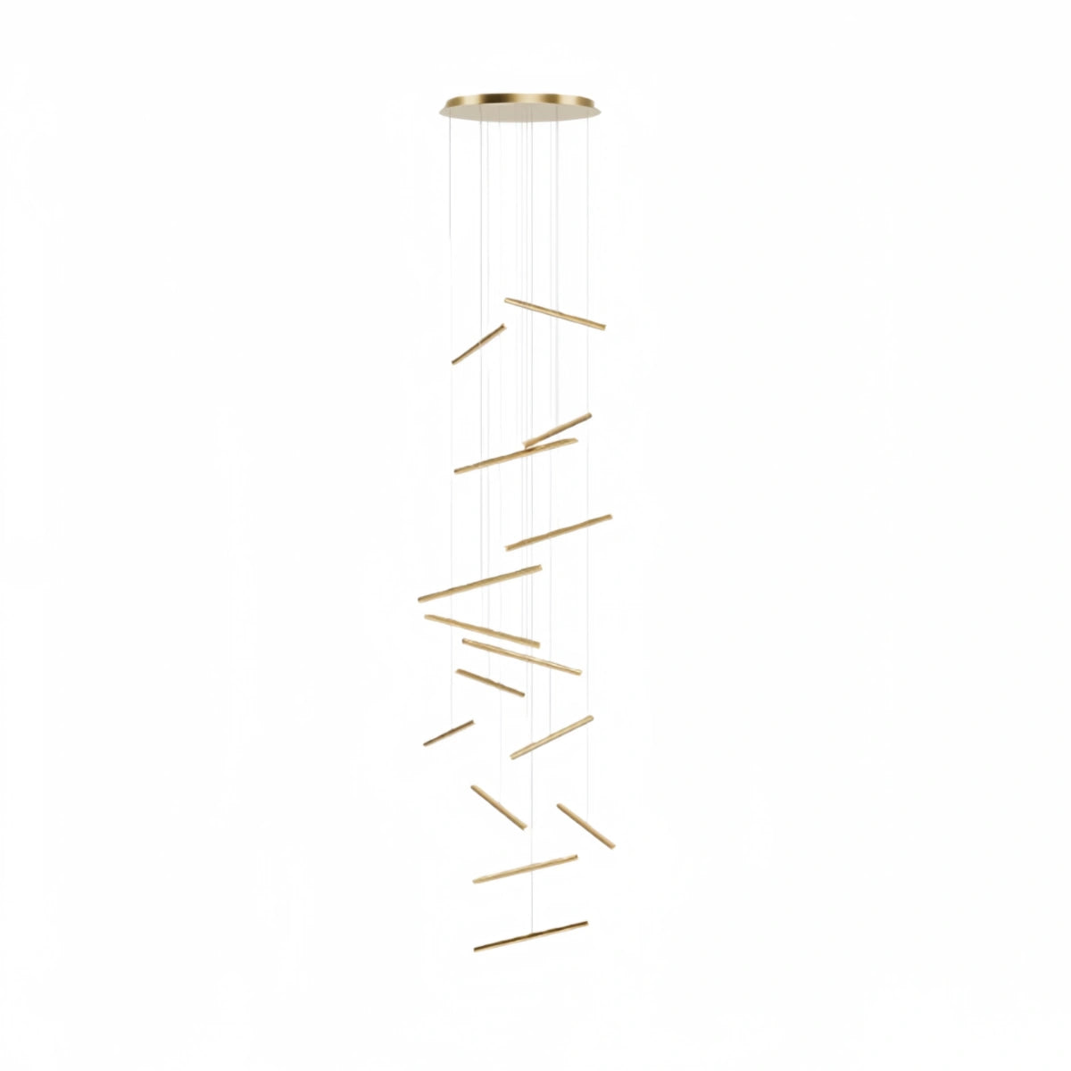 Nebula Luxury Flowing Gold Chandelier – Metallic Acrylic Rods Sculptural Cascade for Staircase
