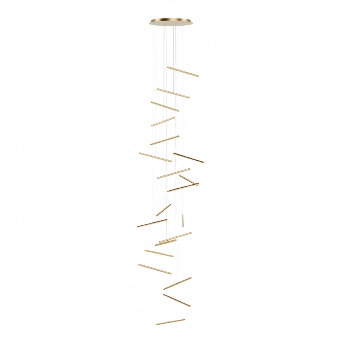 Nebula Luxury Flowing Gold Chandelier – Metallic Acrylic Rods Sculptural Cascade for Staircase