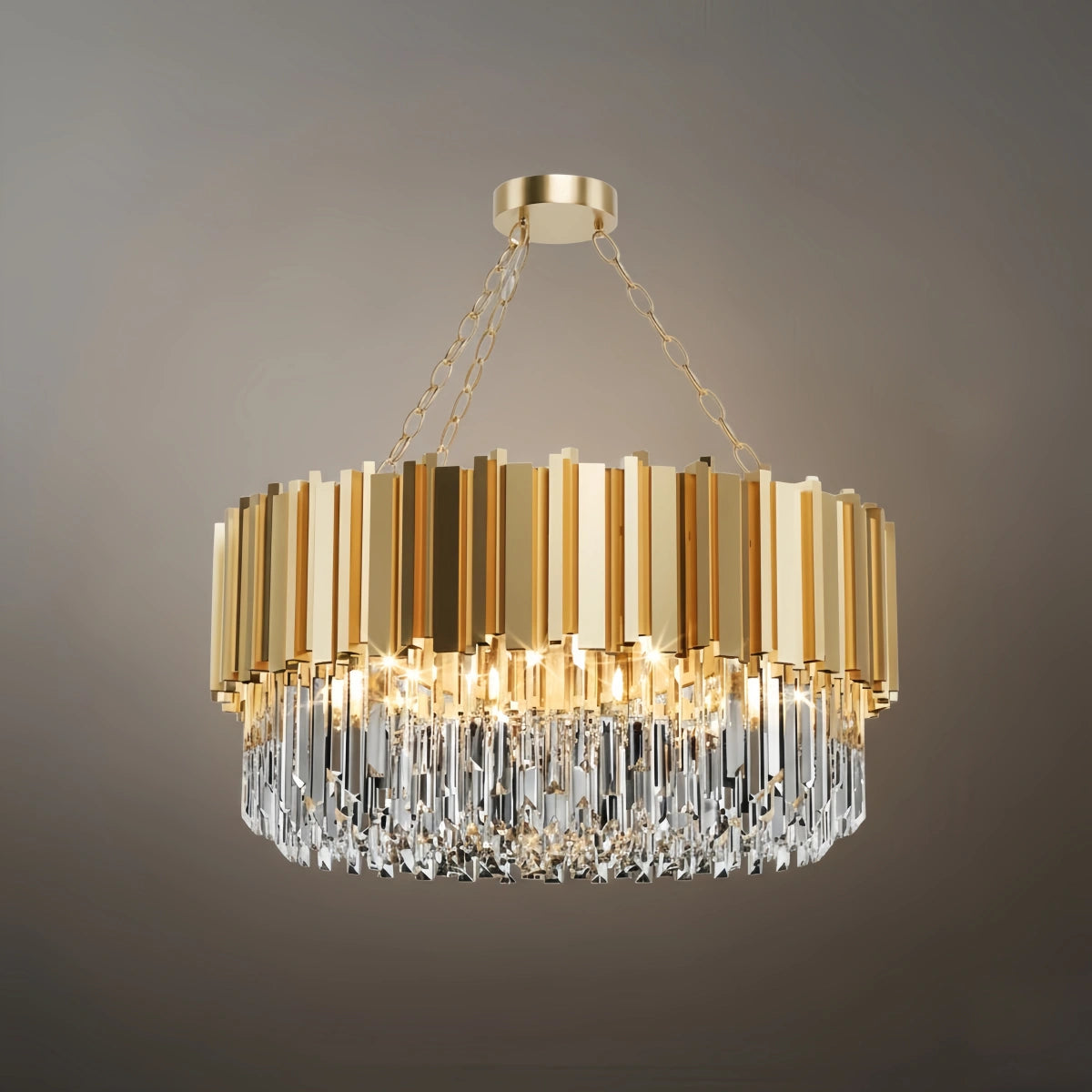 Royal Gold Crystal Chandelier – Tiered Metal with Sparkling Crystals