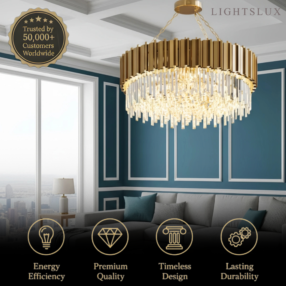 Royal Gold Crystal Chandelier – Tiered Metal with Sparkling Crystals