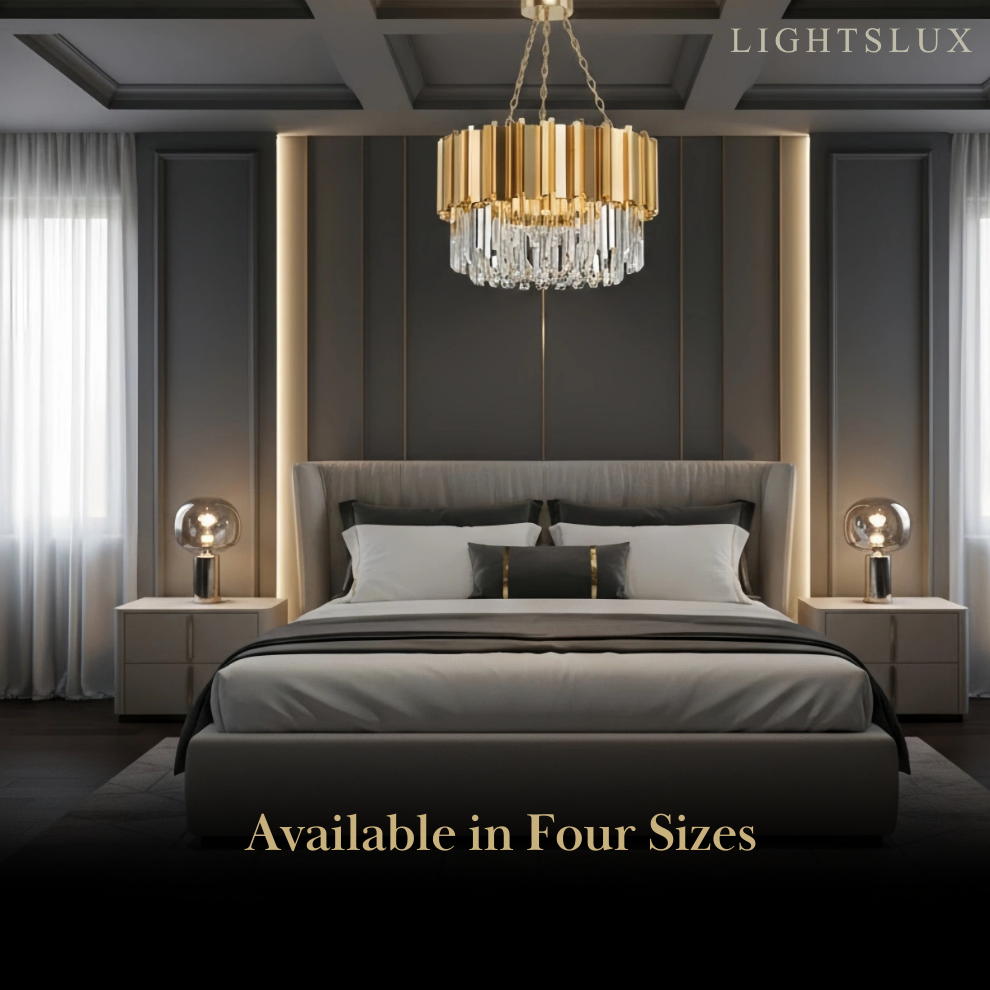 Royal Gold Crystal Chandelier – Tiered Metal with Sparkling Crystals