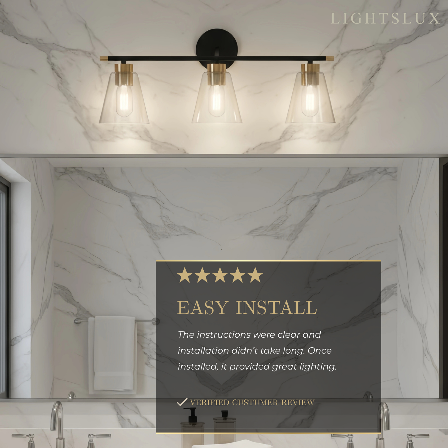 Irondale 3-Light Bathroom Vanity – Matte Black/Brushed Gold Flared Glass Shades Bathroom