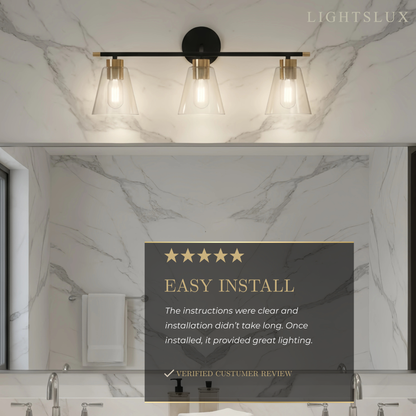 Irondale 3-Light Bathroom Vanity – Matte Black/Brushed Gold Flared Glass Shades Bathroom