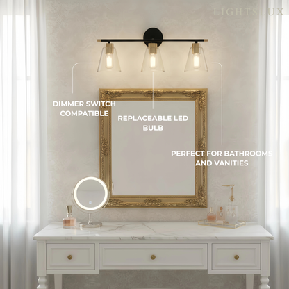 Irondale 3-Light Bathroom Vanity – Matte Black/Brushed Gold Flared Glass Shades Bathroom