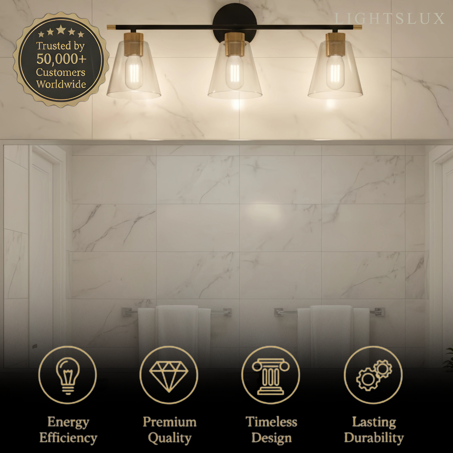 Irondale 3-Light Bathroom Vanity – Matte Black/Brushed Gold Flared Glass Shades Bathroom