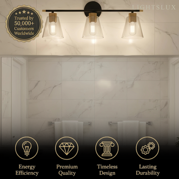 Irondale 3-Light Bathroom Vanity – Matte Black/Brushed Gold Flared Glass Shades Bathroom