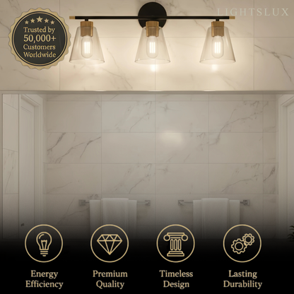 Irondale 3-Light Bathroom Vanity – Matte Black/Brushed Gold Flared Glass Shades Bathroom