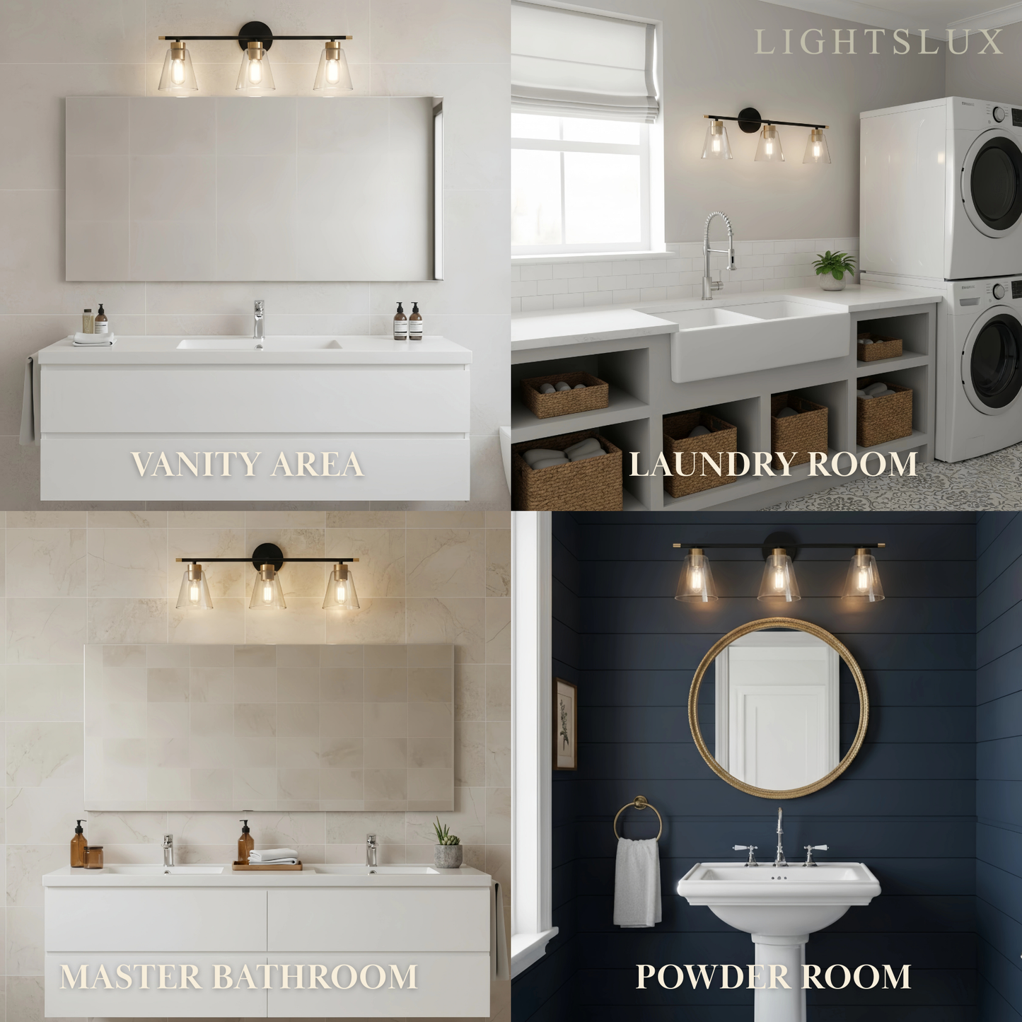 Irondale 3-Light Bathroom Vanity – Matte Black/Brushed Gold Flared Glass Shades Bathroom