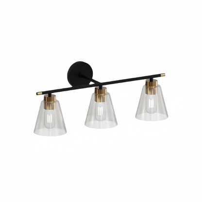 Irondale 3-Light Bathroom Vanity – Matte Black/Brushed Gold Flared Glass Shades Bathroom