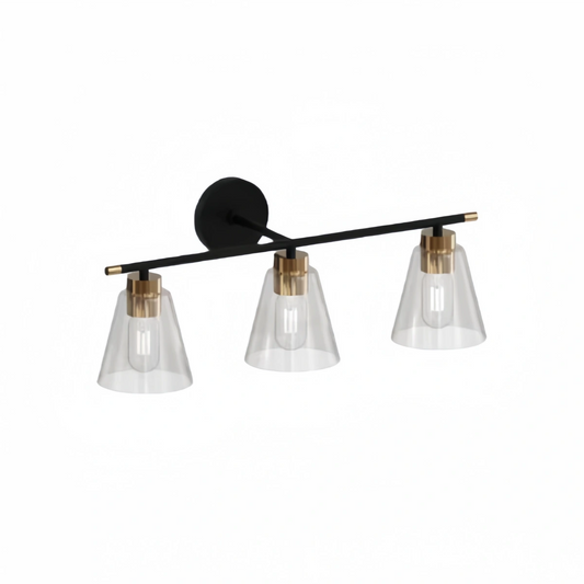Irondale 3-Light Bathroom Vanity – Matte Black/Brushed Gold Flared Glass Shades Bathroom