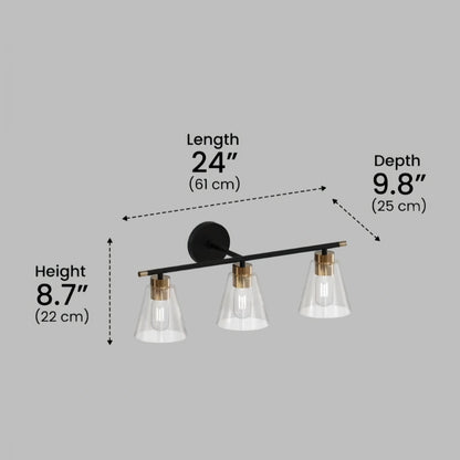 Irondale 3-Light Bathroom Vanity – Matte Black/Brushed Gold Flared Glass Shades Bathroom