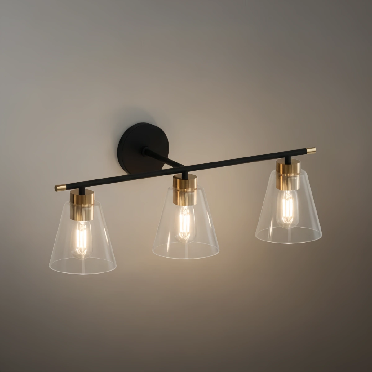 Irondale 3-Light Bathroom Vanity – Matte Black/Brushed Gold Flared Glass Shades Bathroom