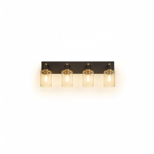 Excelis 4-Light Bathroom Vanity – Matte Black with Brushed Gold Clear Glass Shades