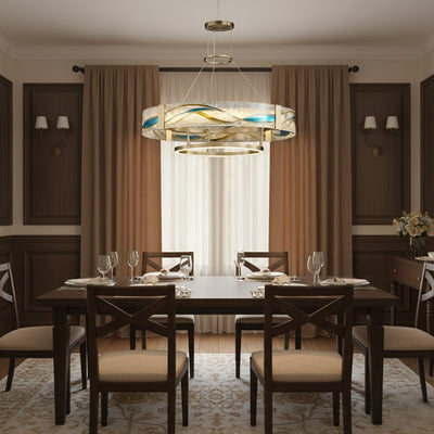 Art Deco Enamel Chandelier – Textured Glass Brushed Brass Blue Amber for Dining Room