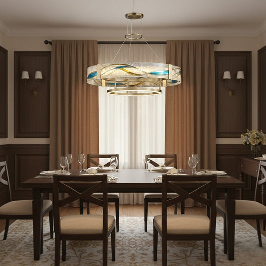 Art Deco Enamel Chandelier – Textured Glass Brushed Brass Blue Amber for Dining Room