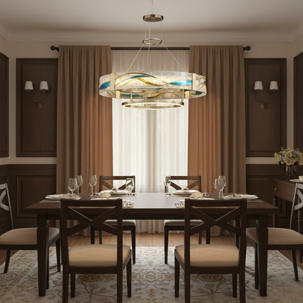 Art Deco Enamel Chandelier – Textured Glass Brushed Brass Blue Amber for Dining Room