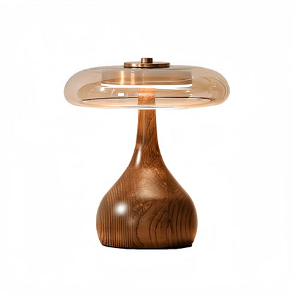 Modern Table Lamp – Wood Base & Amber Glass Shade for Desk Bedside Console