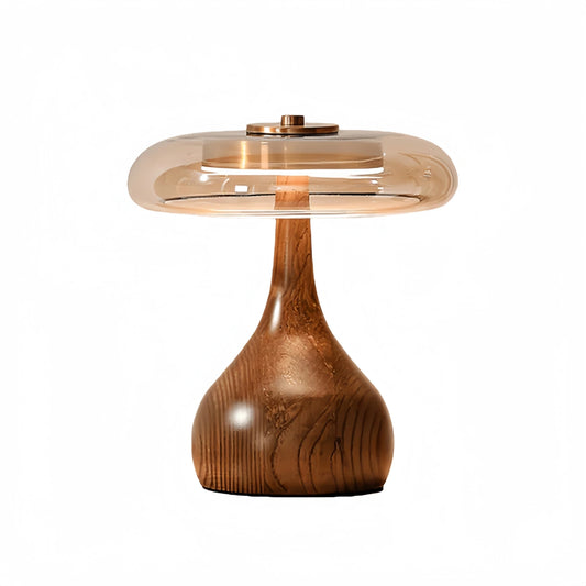 Modern Table Lamp – Wood Base & Amber Glass Shade for Desk Bedside Console